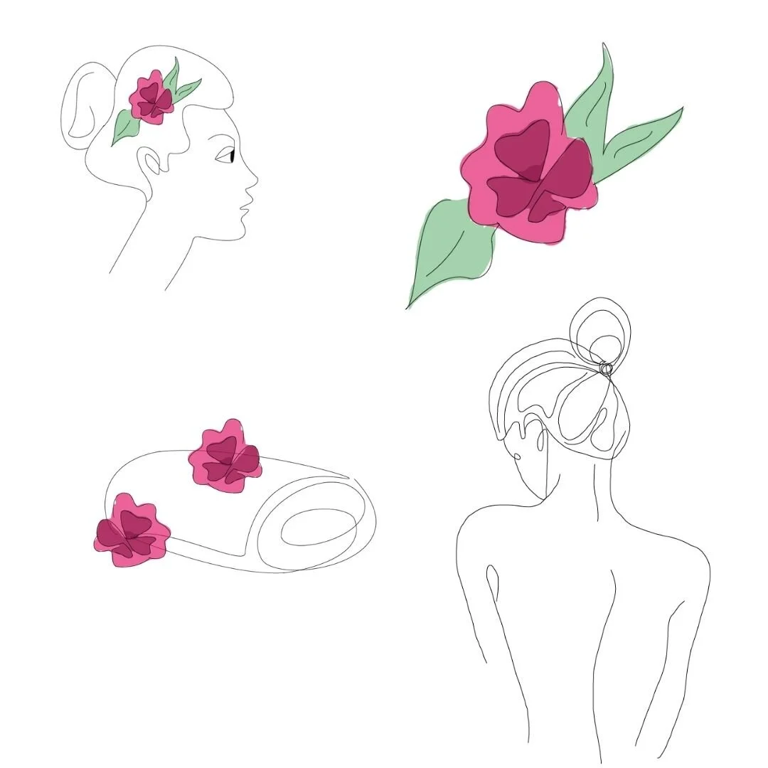 Spa Illustration with Flower Details
“Minimalist line art illustration created for Blossom Massage & Spa branding, showcasing spa elements with delicate pink blossom flowers.”