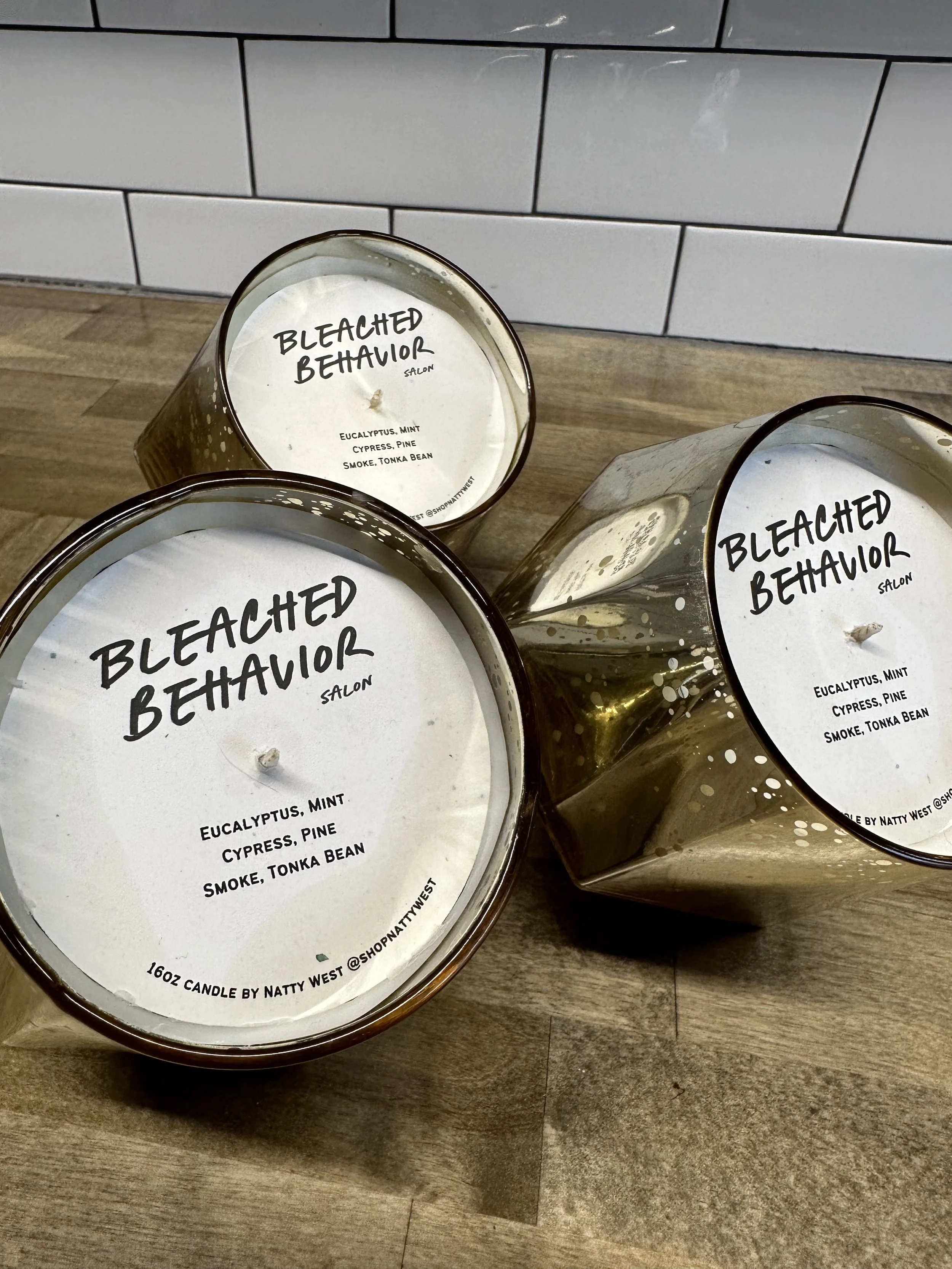 Custom product label design and branding applied to handmade Bleached Beautiful candles.