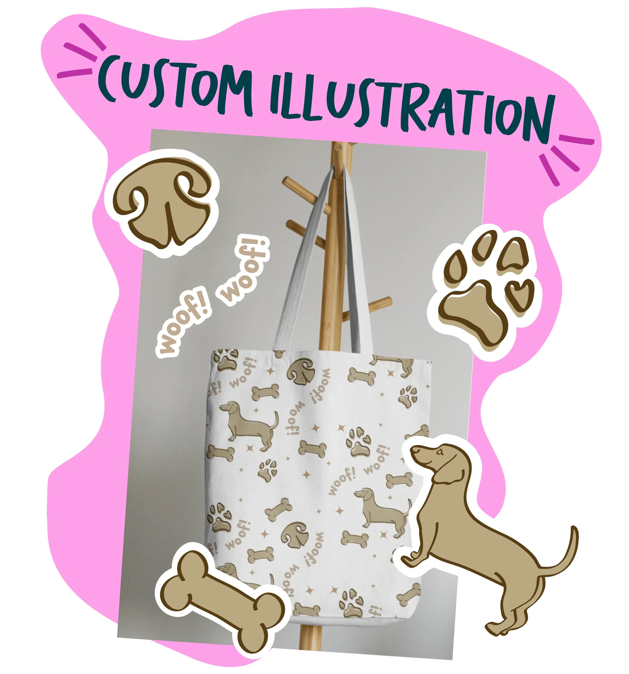 Hand-drawn dog illustrations and repeat pattern artwork shown on a custom illustrated tote bag.