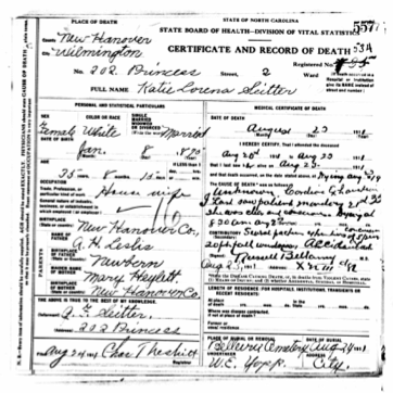 North Carolina Death Certificate for Katie Lorena Seitter