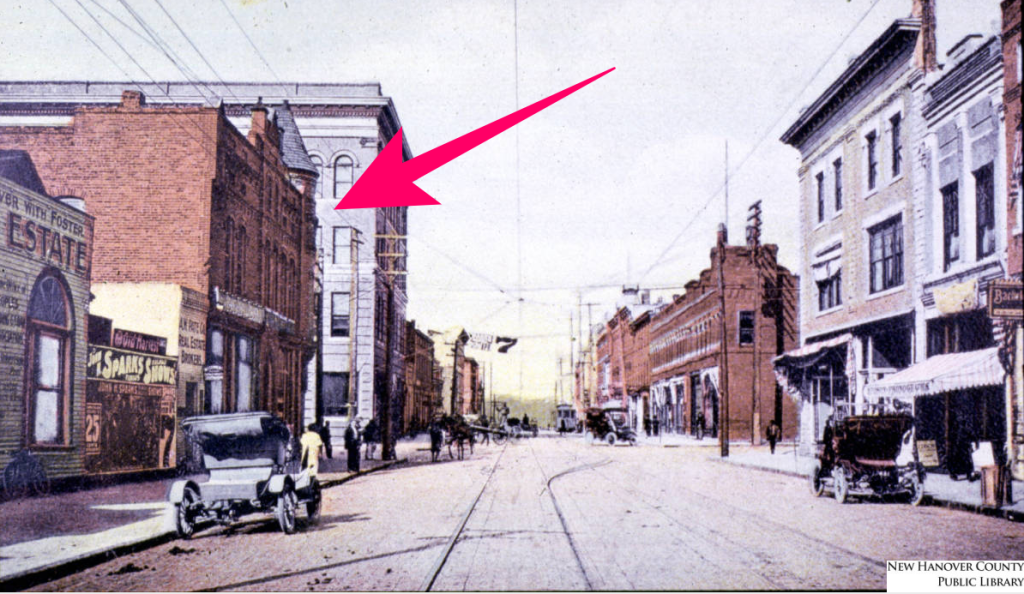 1910 postcard of Wilmington, NC with vantage point of Princess Street facing west with arrow indicating 202 Princess Street; New Hanover County Public Library.