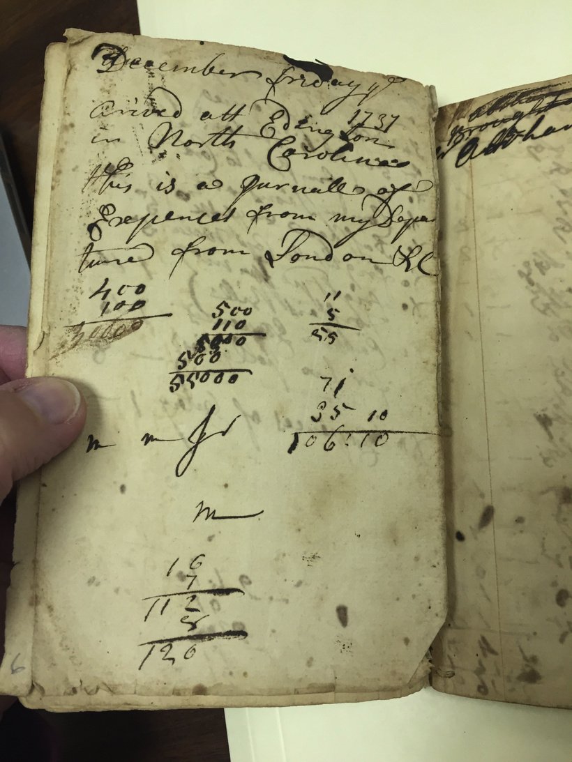 A page from William Cathcart’s 1737 journal detailing his arrival in Edenton, NC in December 1737.