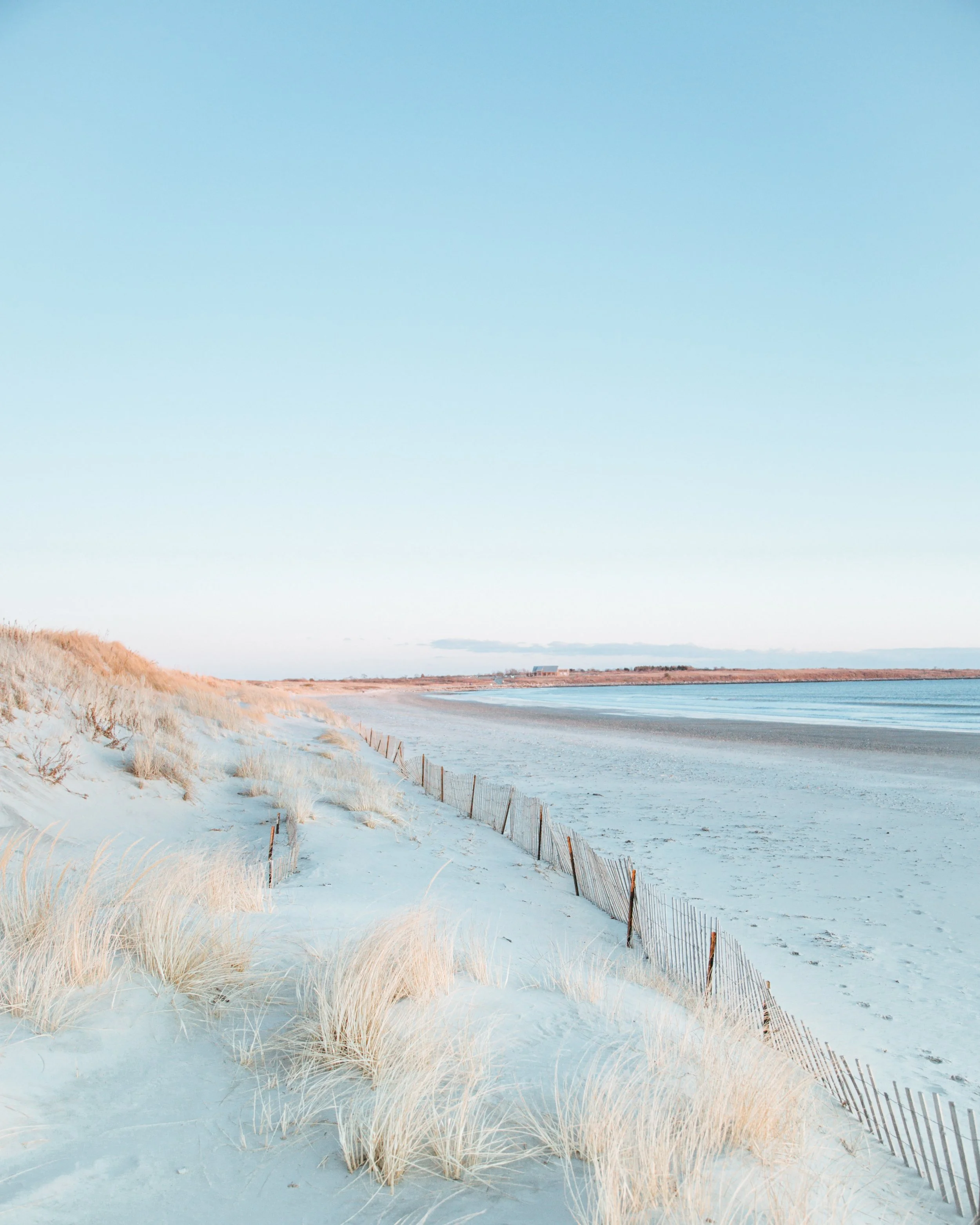 A wintry beach with sand dunes in the foreground.
