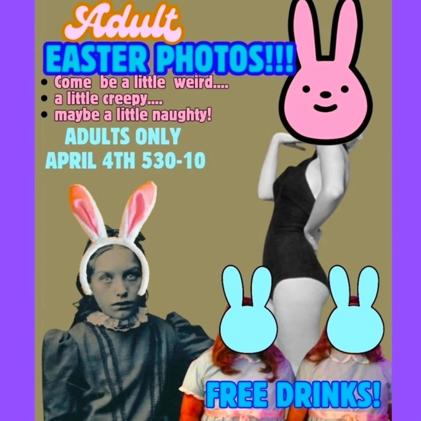 Come get weird! 
After our family friendly shoot from 2-5 
The adults come out to play.
Make weird easter history with us! 
Its going to be a great time.
Free drinks
And museum entry. 
Remember members,  you get in the museum for free, so check your 