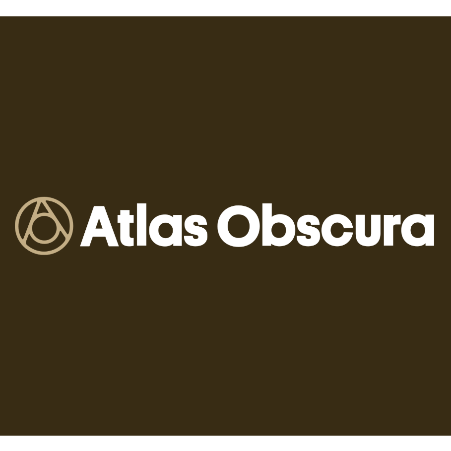 A logo with a circular emblem and the words "Atlas Obscura" in bold white text on a dark brown background.
