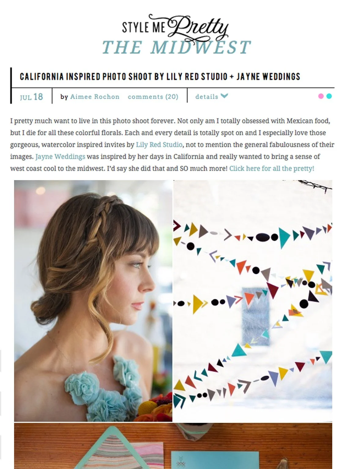 Style Me Pretty Midwest article about a California-inspired photo shoot by Lily Red Studio and Jayne Weddings, featuring a side profile of a woman with braided hair, colorful triangle decorations, and stationery items with pastel designs.