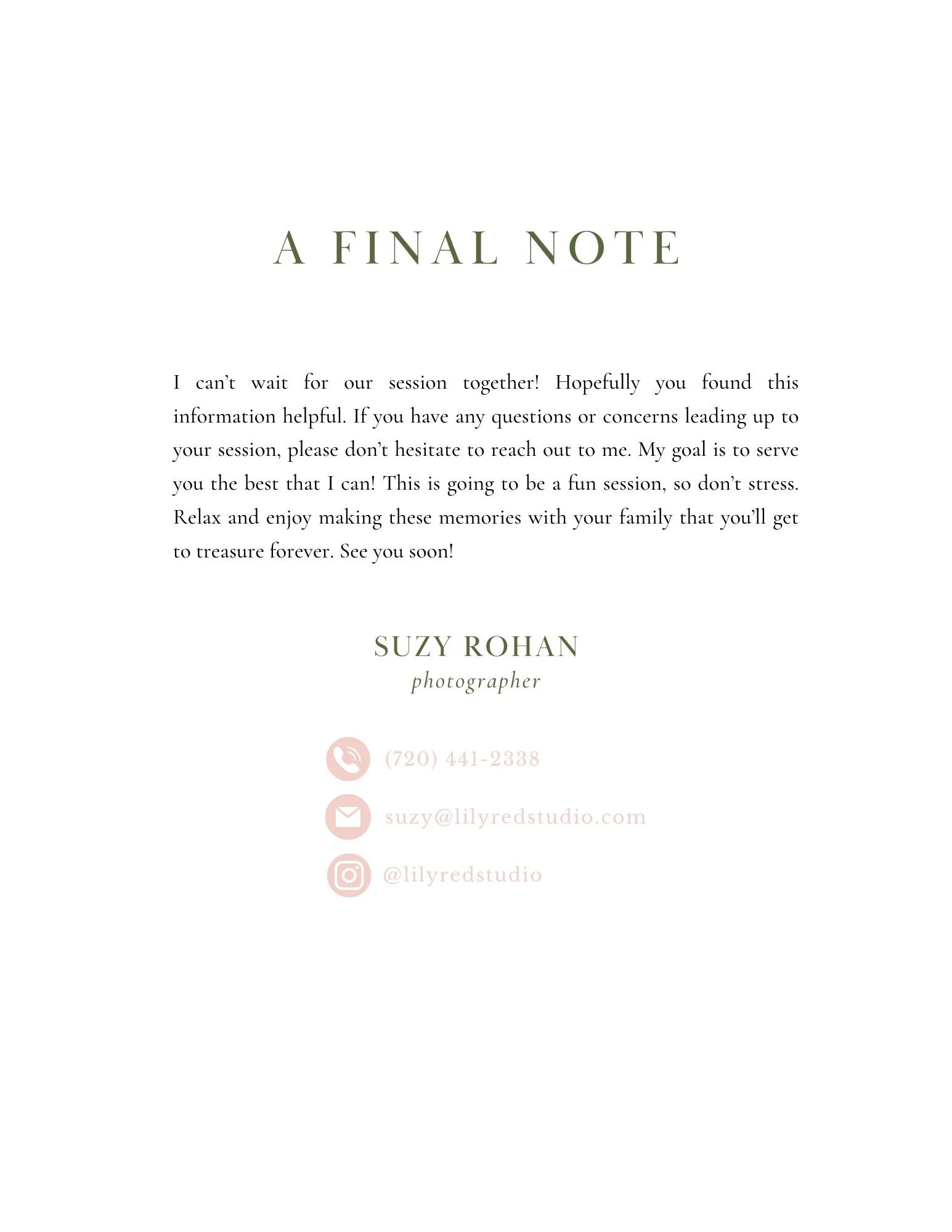 A note from a photographer named Suzy Rohan expressing excitement for an upcoming session and encouraging clients to relax. Contact information includes a phone number, email, and Instagram handle @lilyredstudio.