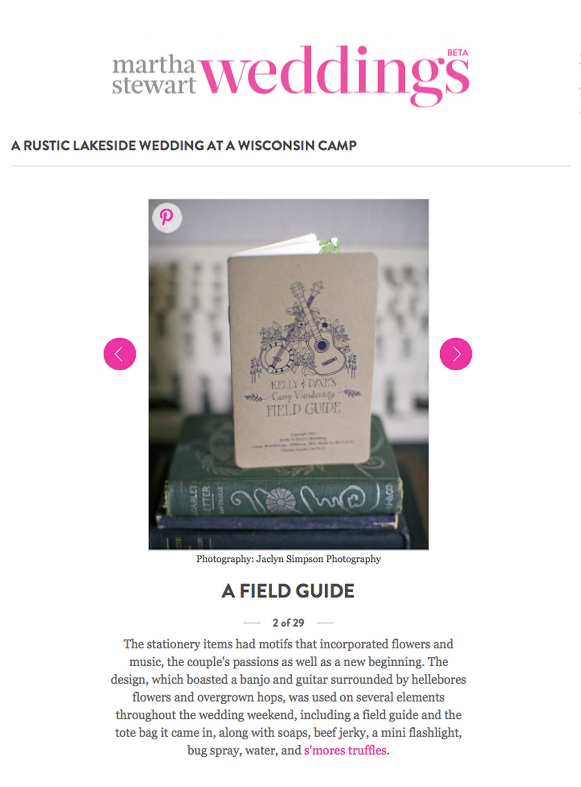 Wedding webpage featuring a rustic lakeside wedding at a Wisconsin camp with an image of a field guide designed with floral and musical motifs.