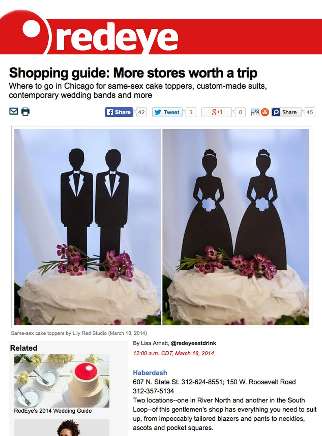 Magazine page featuring a shopping guide with two images of same-sex wedding cake toppers, one with two grooms and another with two brides, on cakes with floral decorations. Includes contact information for a store named Haberdash.