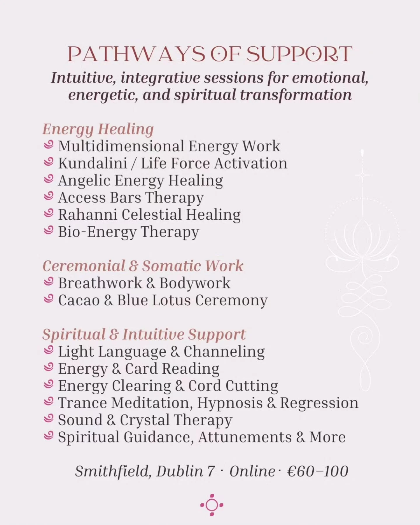 ༆ 𝑾𝒉𝒆𝒓𝒆 𝒊𝒏𝒕𝒖𝒊𝒕𝒊𝒐𝒏, 𝒑𝒓𝒆𝒔𝒆𝒏𝒄𝒆, 𝒂𝒏𝒅 𝒉𝒆𝒂𝒍𝒊𝒏𝒈 𝒎𝒆𝒆𝒕 ༆

A gentle overview of the ways we can work together.

Each session is intuitive and tailored to your needs &mdash; drawing from energy healing, breathwork, somatic pr