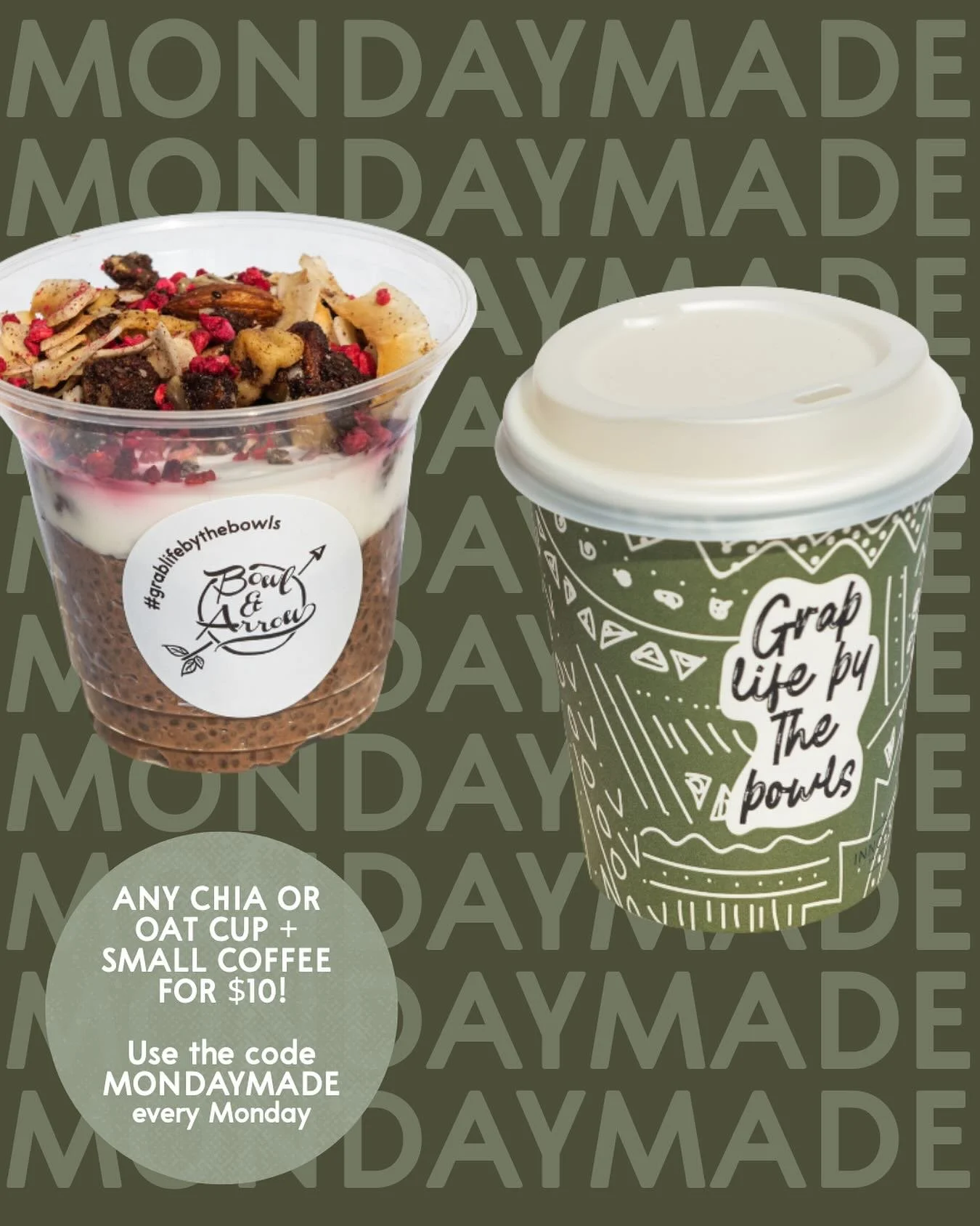 The best Monday breakfast deal to help you through those Sunday Scaries&hellip; any of our oat or chia cups plus any small hot coffee (includes chai or hot chocs!) for just $10! Available only on our B&amp;A app ❤️