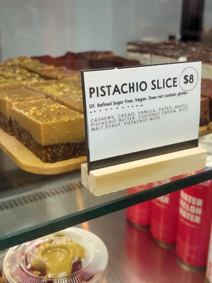 New and noteworthy items in-store now! 

1. Pistachio Raw Slice by @_togetherkitchen need we say more
2. Cacao Pistachio Chia Pot with @fixandfogg pistachio spread, raspberries and coyo
3. Bounty Raw Slice, another gem by @_togetherkitchen and nice &