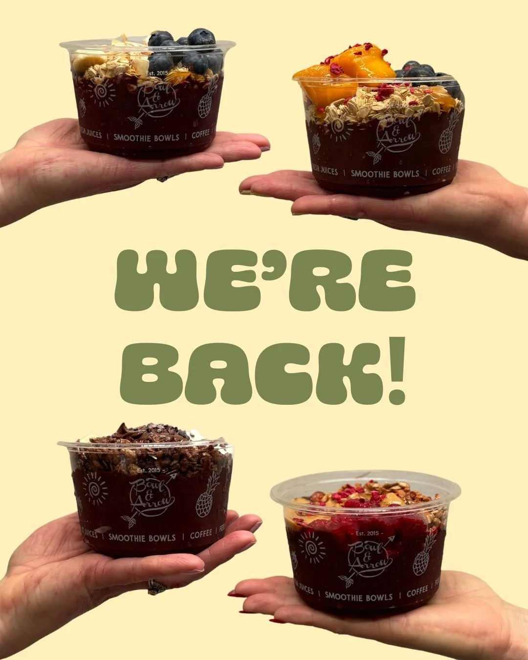 Did you miss us?! We are officially back blending bowls till 4pm to help ease the pain of heading back to work... or an activity if you're still on holiday!

See you for a bowl soon ✌🏼 #grablifebythebowls