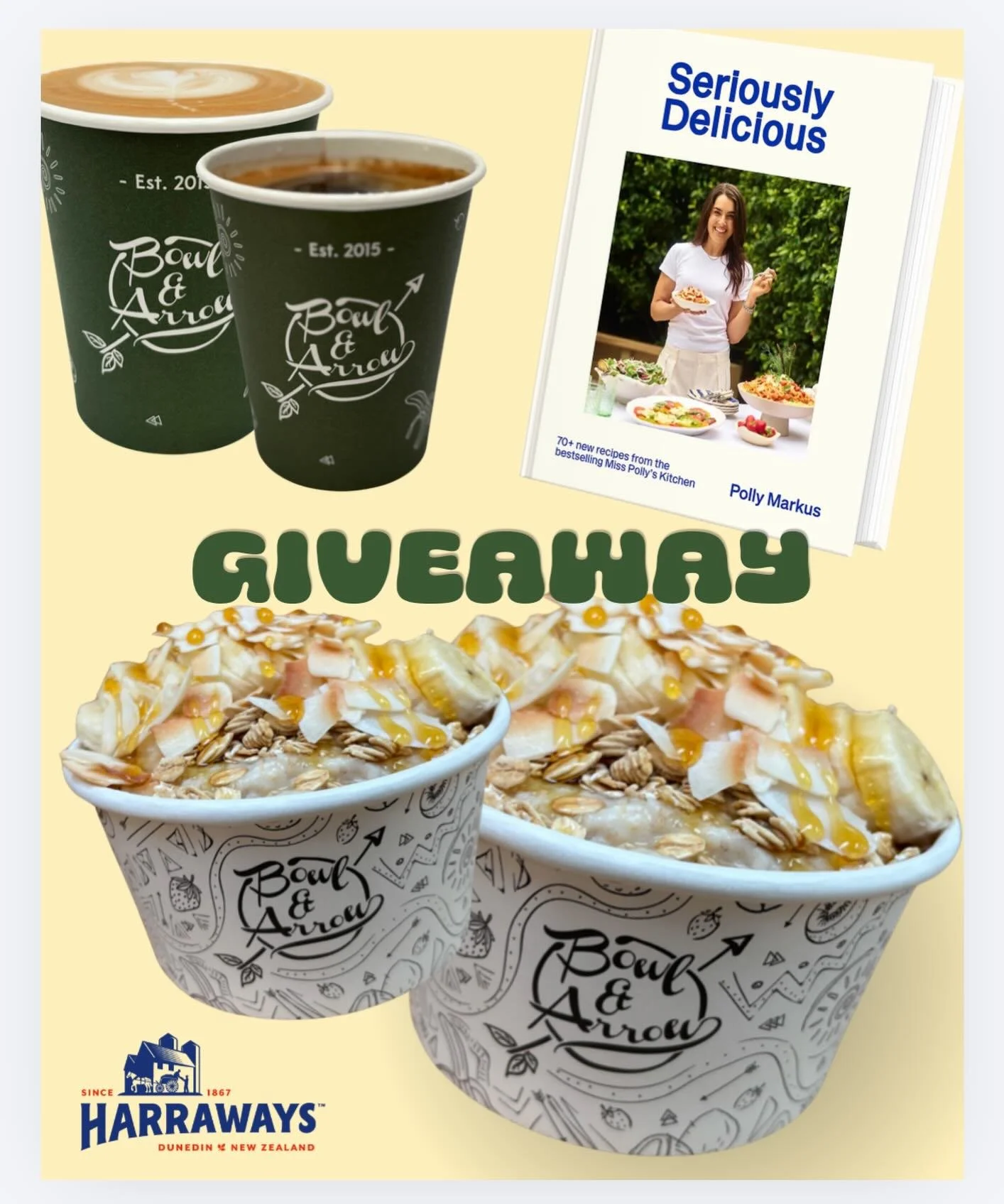 WIN WIN WIN - to celebrate ANZAC Day and our deliiiicious creamy ANZAC biscuit inspired oats by @miss_pollys_kitchen we are giving away:  Breakfast for 2 (ANZAC oat bowls)
2 x coffees of any style
Polly&rsquo;s newest cookbook &lsquo;Seriously Delici