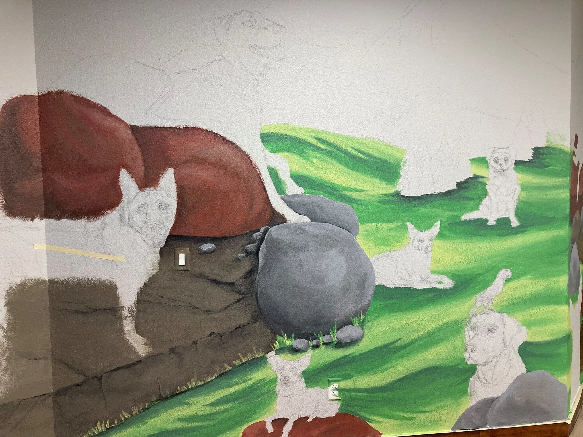 I worked this mural in stages, setting the background first, then filling in the animals in and a final pass with fine details.   
