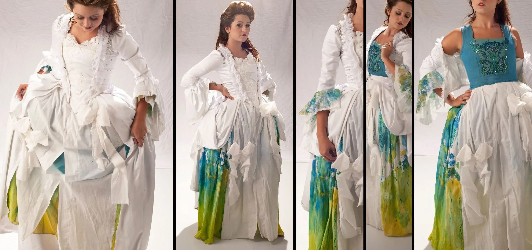 This commission was for a high school theater competition. The costume reflects the loss of innocence.  The dress is sewn with a network of magnets in the linings that allow the costume to be strategically pulled apart revealing bursts of color as th