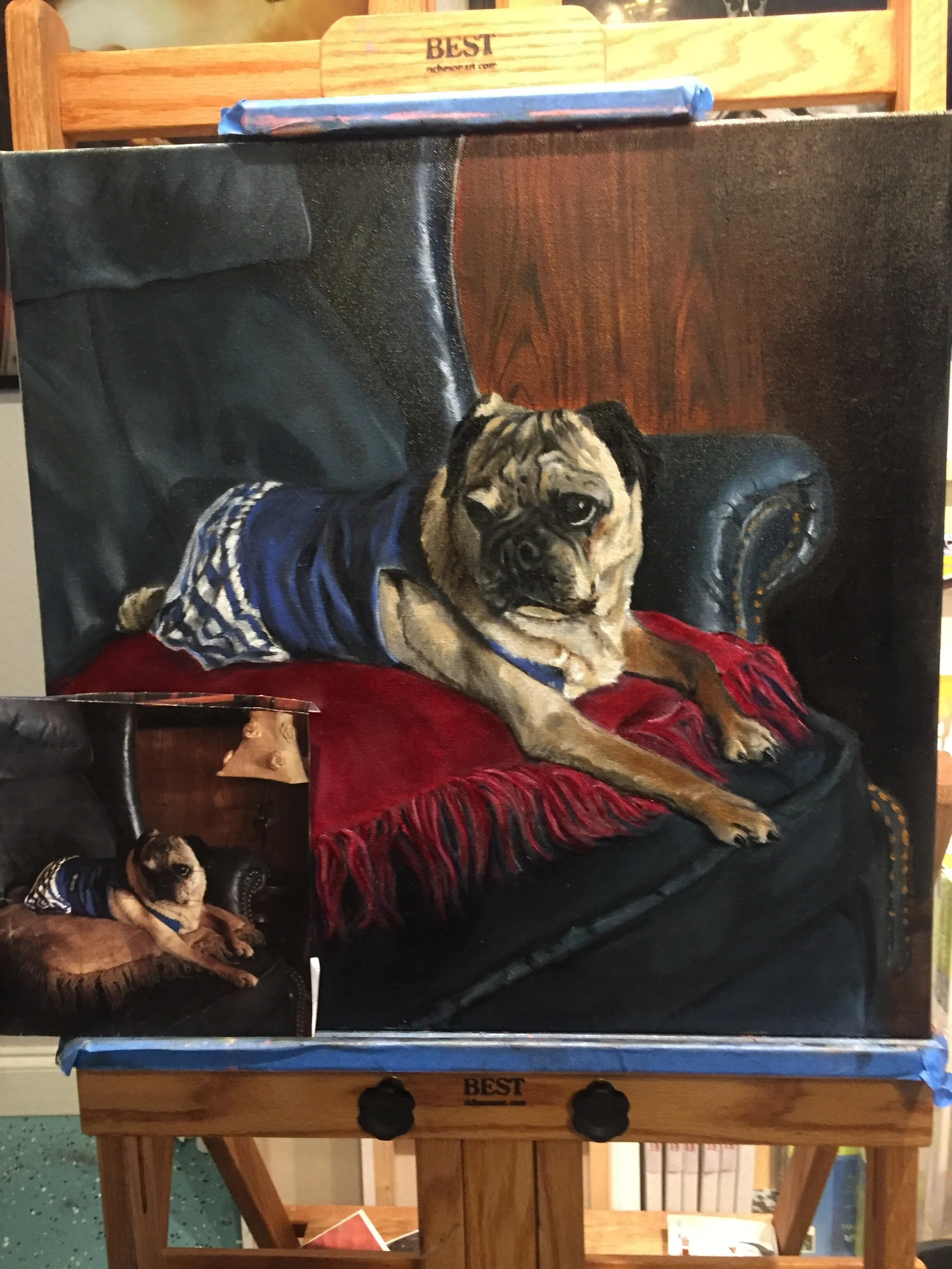 Oil on Canvas - Send me your pet image with any updates or details you'd like to add.  If you want to place your pet in a different setting we can work that out. Immortalize your best friend through a painted portrait.
