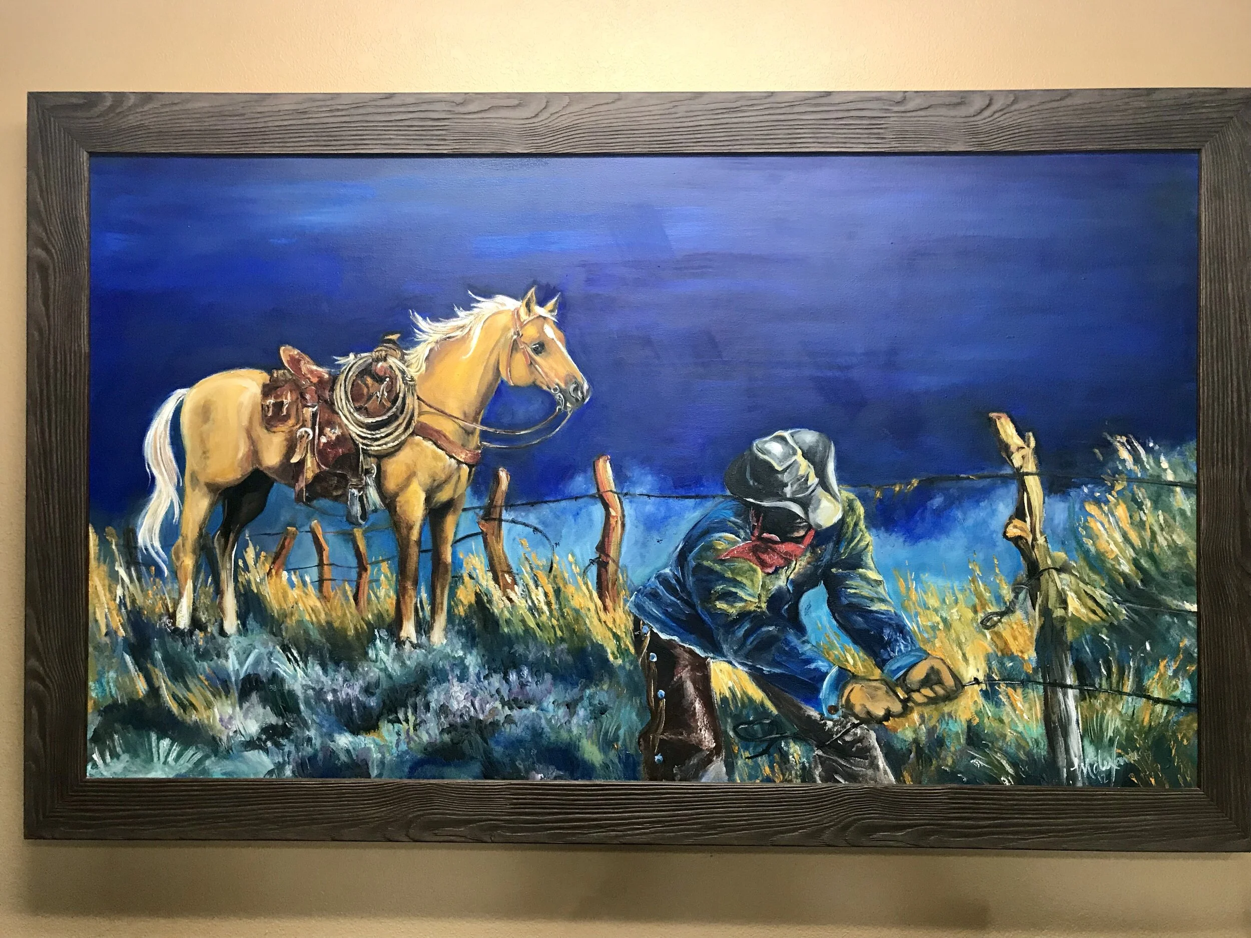 Client wanted a Western theme painting for his office and provided a magazine image with the overall scene he wanted. He sent me a picture of his Palomino horse and we combined them to create his vision!