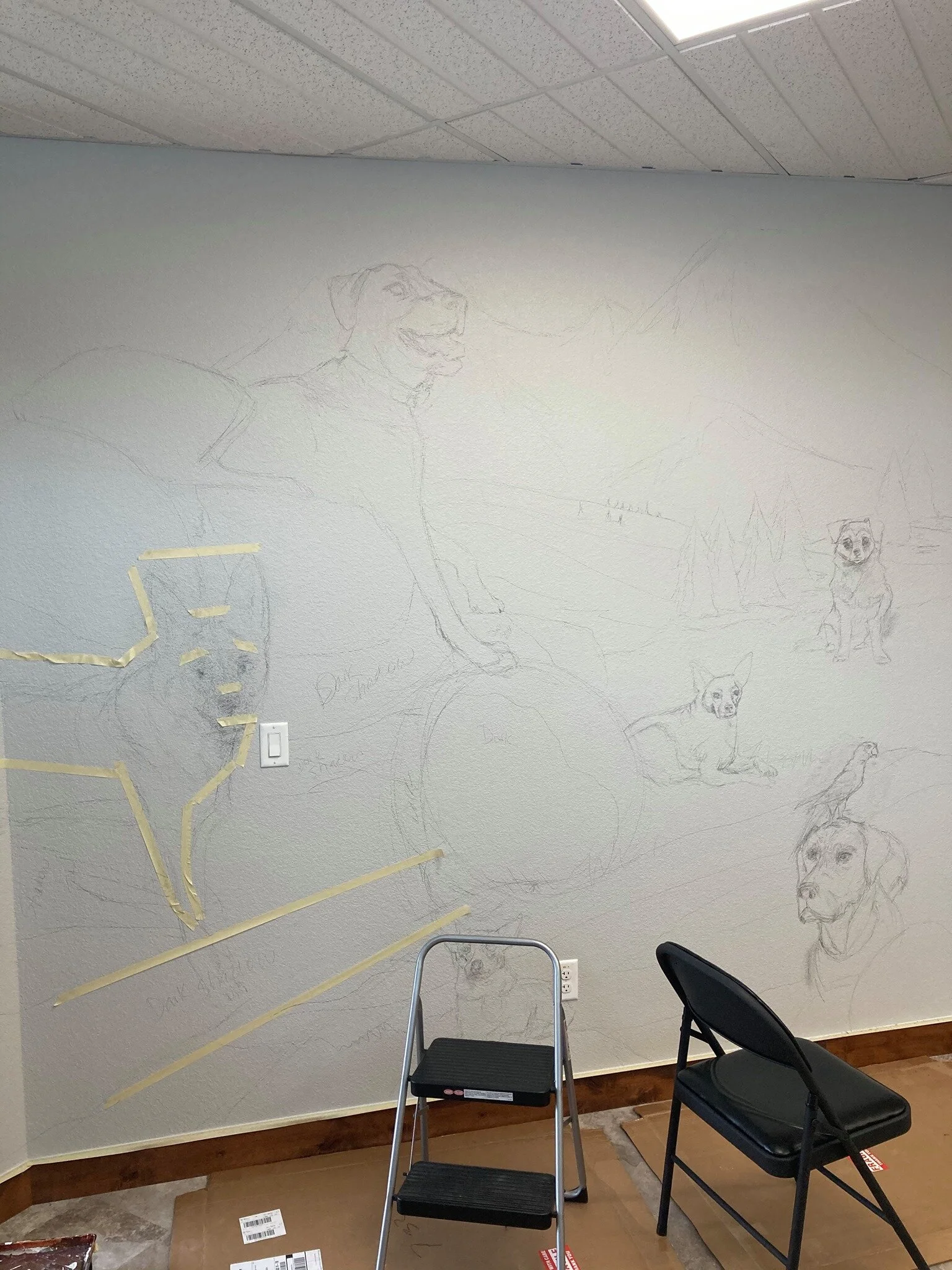 I use a projector where possible to place the animals. In this project the counter prevented me from utilizing the projector on the bottom half of the wall. I used what I could and free handed the rest.