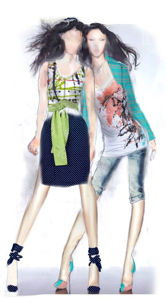 These digital fashion illustrations are hand drawn, scanned and then digitally manipulated in photoshop.
