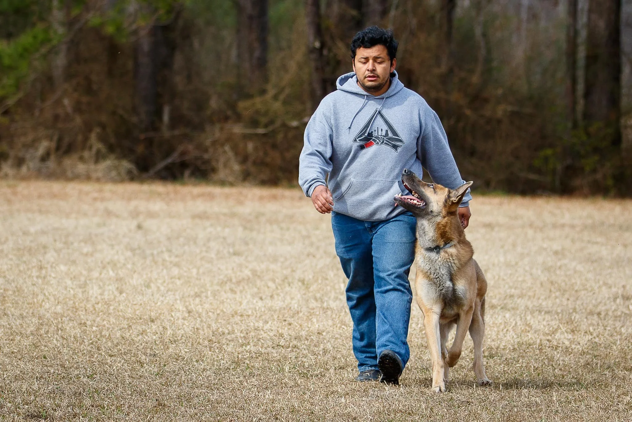 A man in a gray hoodie walking with a German Shepherd dog in an open grassy field with trees in the background.