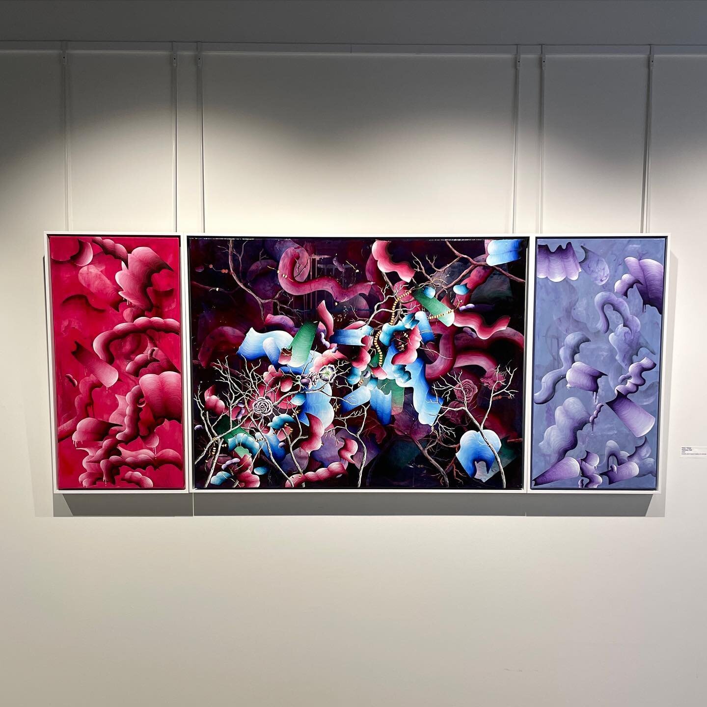 This month marks the opening of a new solo exhibition we programmed for one of our corporate clients with a selection of work by interdisciplinary artist Vicky Talwar. Her densely layered and vibrant paintings navigate the beautiful, but complex expe