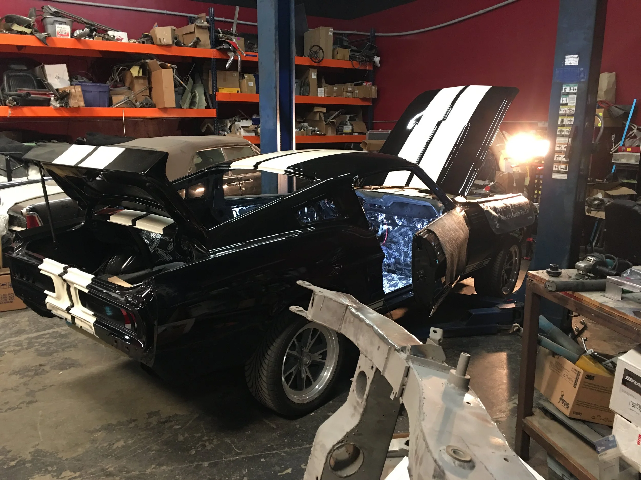 Work in progress, we start with Dyna mat, fire wall padding, and then we begin mechanical assembly of suspension, brakes and steering.  This allows us to eventually get her on all fours.  After that we begin electrical, fuel system and brakes.  We ca