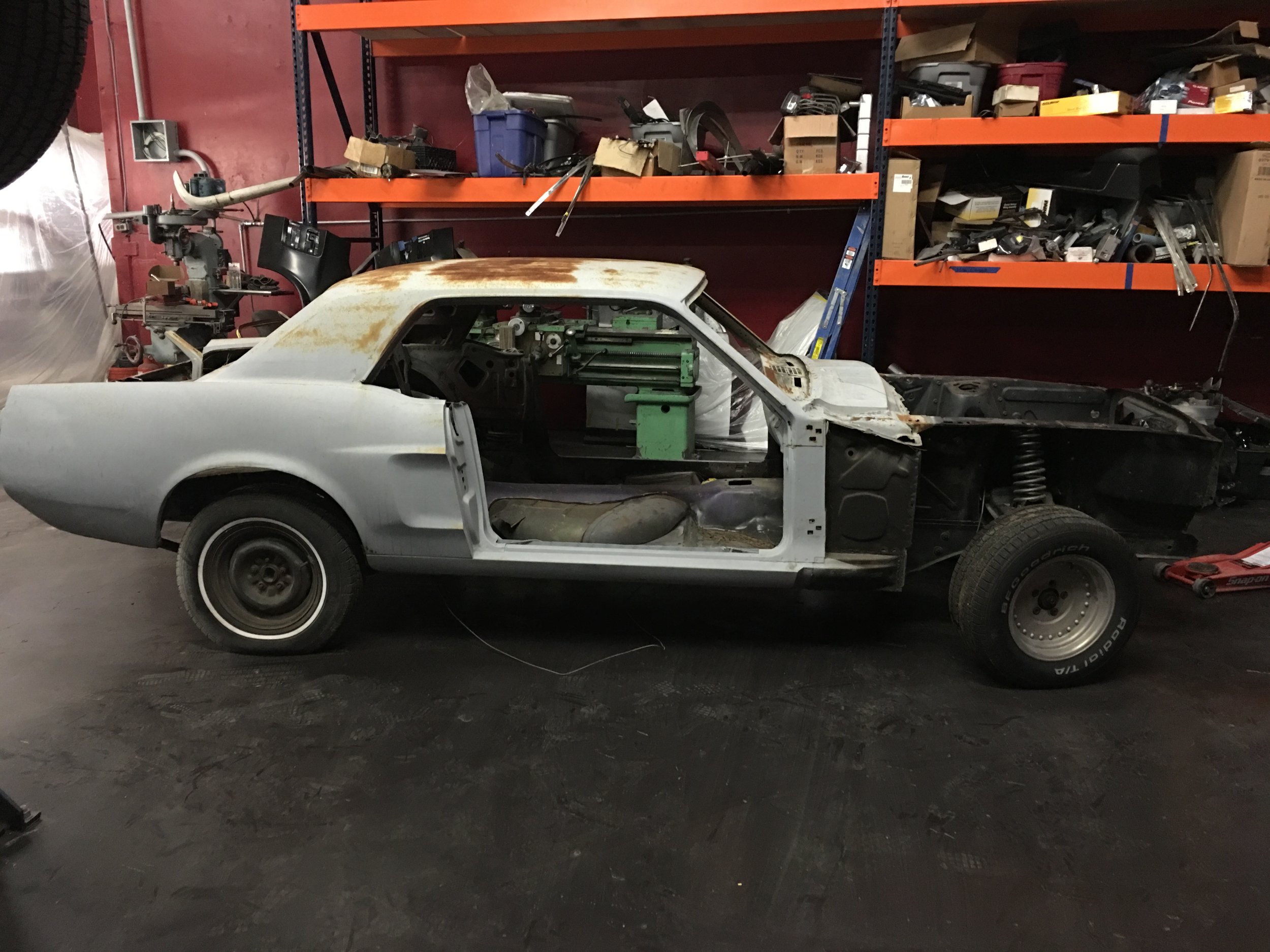 This 67 Coupe came to us just like this, no doors, hood, fenders, or deck lid.  She was the perfect candidate for a coupe to fastback conversion.  