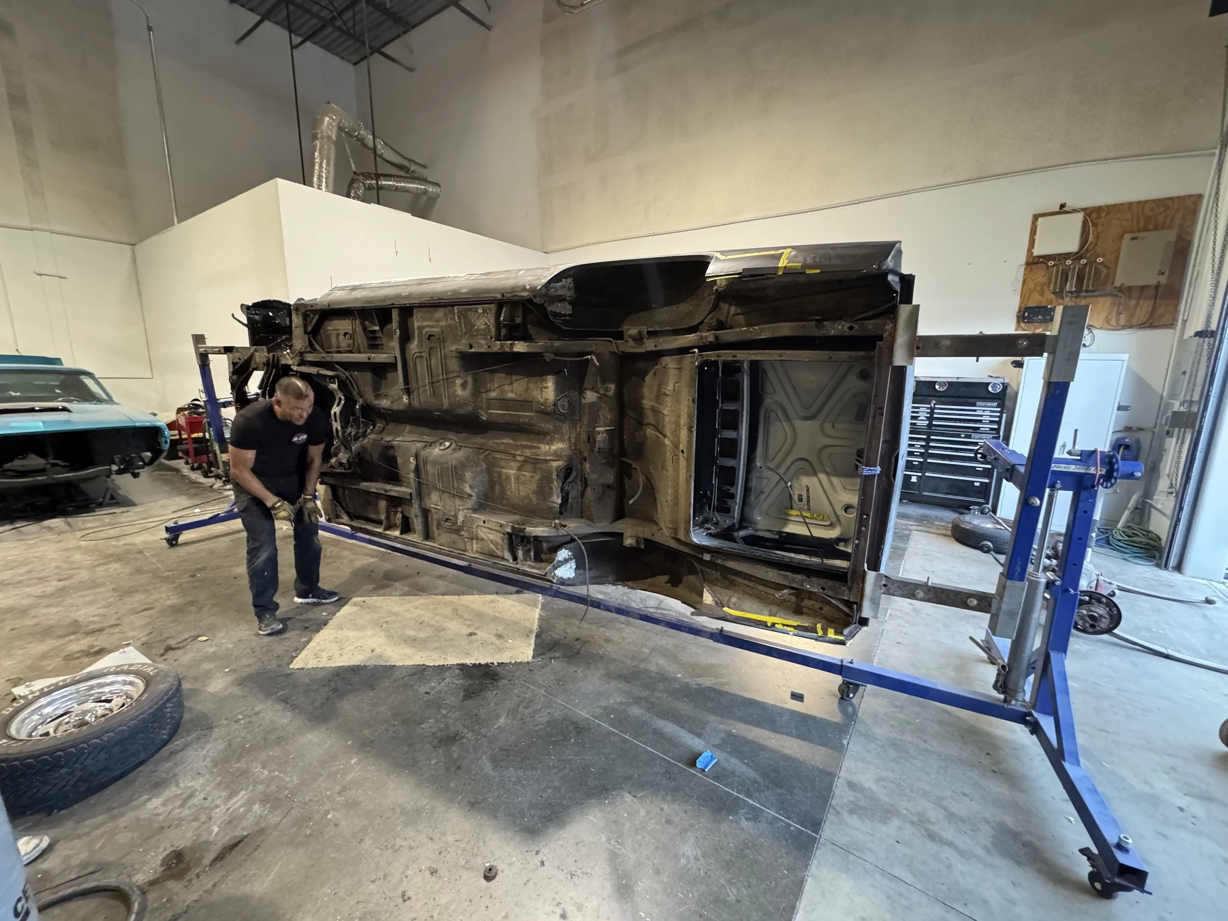 Devils in the details, and here were prepping the undercarriage to be shot in POR 15, followed by a Raptor Undercoating.   The rotisserie allows us to have complete access to what we need, save our backs and necks. 