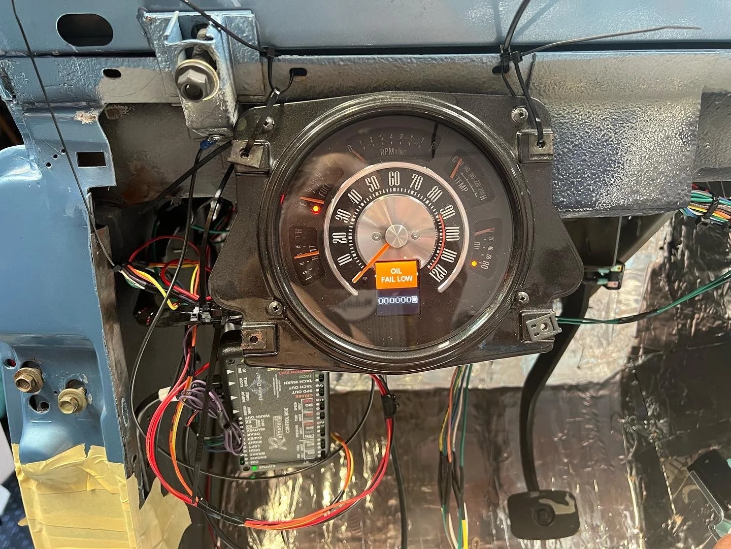 73 Bronco With an RTX Gauge Cluster, we make a custom panel to go behind the dash of these broncos and mount the controller for the Dakota here along with a few other goodies.