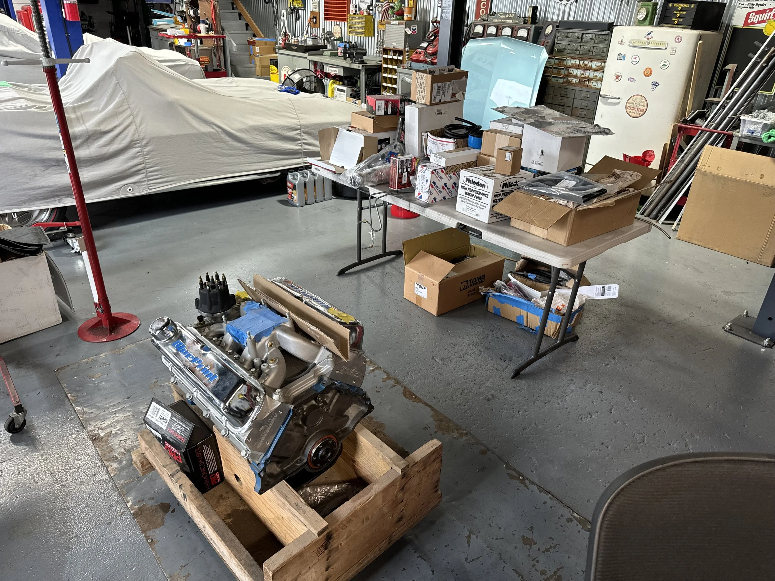 Getting her heart ready for install and all the components on the table ready to go.  We love to lay it all out, this our last chance before changing out things on that motor with Bronco finned valve covers, 7 quart oil pan, and march mid mount serpe