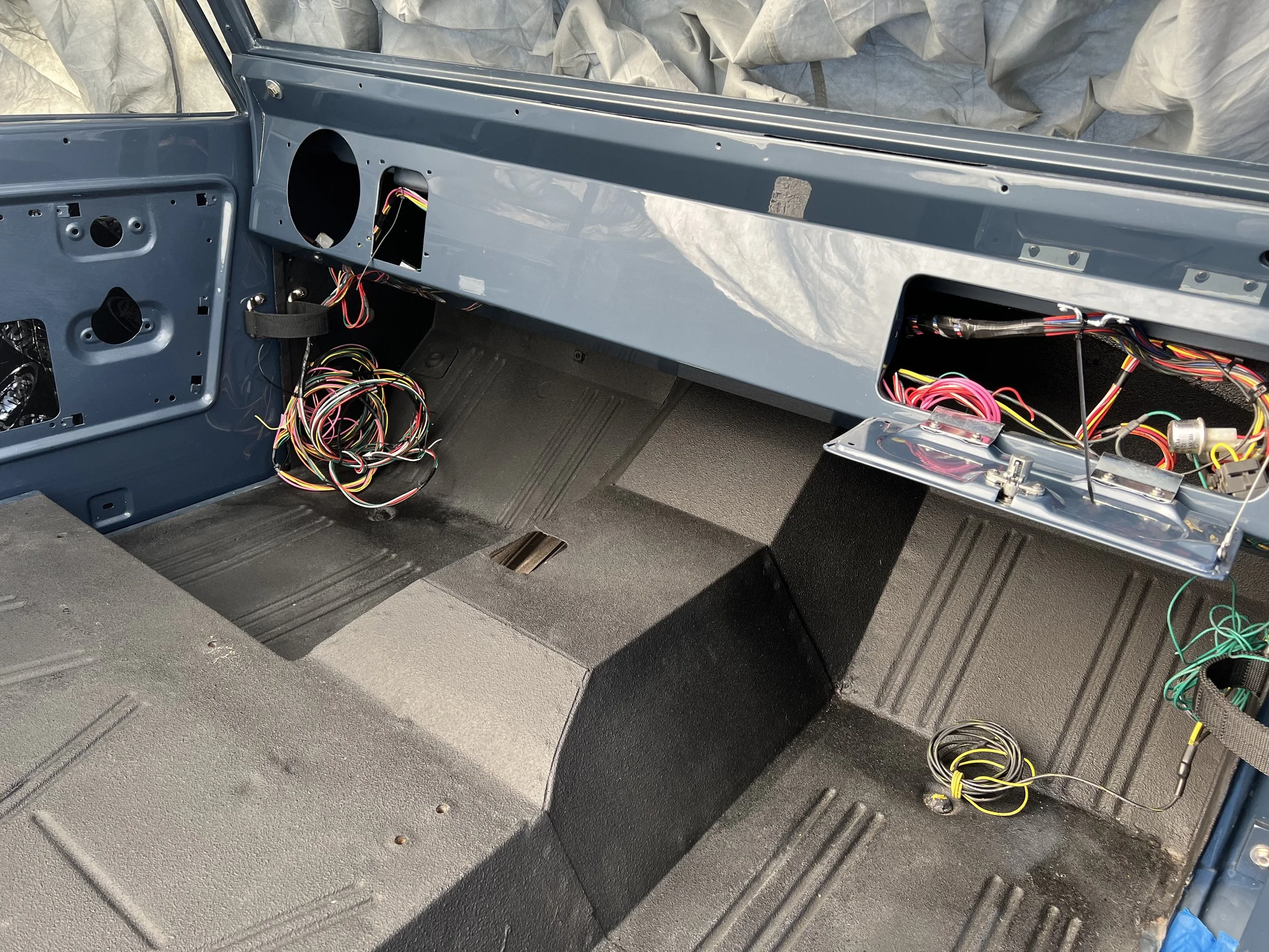 This 73 Bronco ended up with a small block ford and aod.  This was the first trial fit with the dash.  This is when we came up with the idea to angle the dash for better drivability 