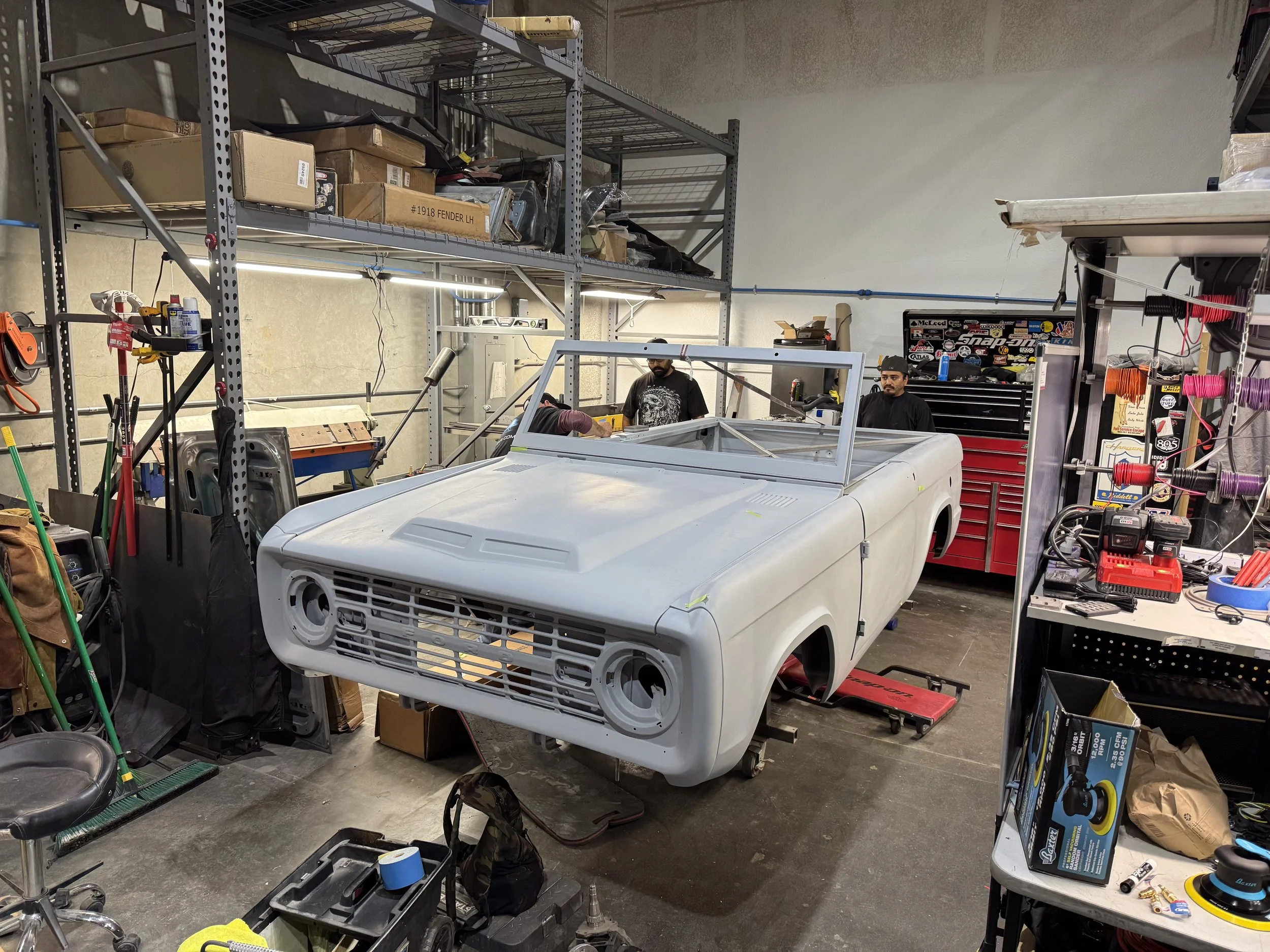 Final stages of body work on this bronco.  Client is 6'6" so we are in the middle of lowering his seat pans 3", which requires building a new sub structure for the body mounts as well.  After that this gal will be shot in Ford Race Red.