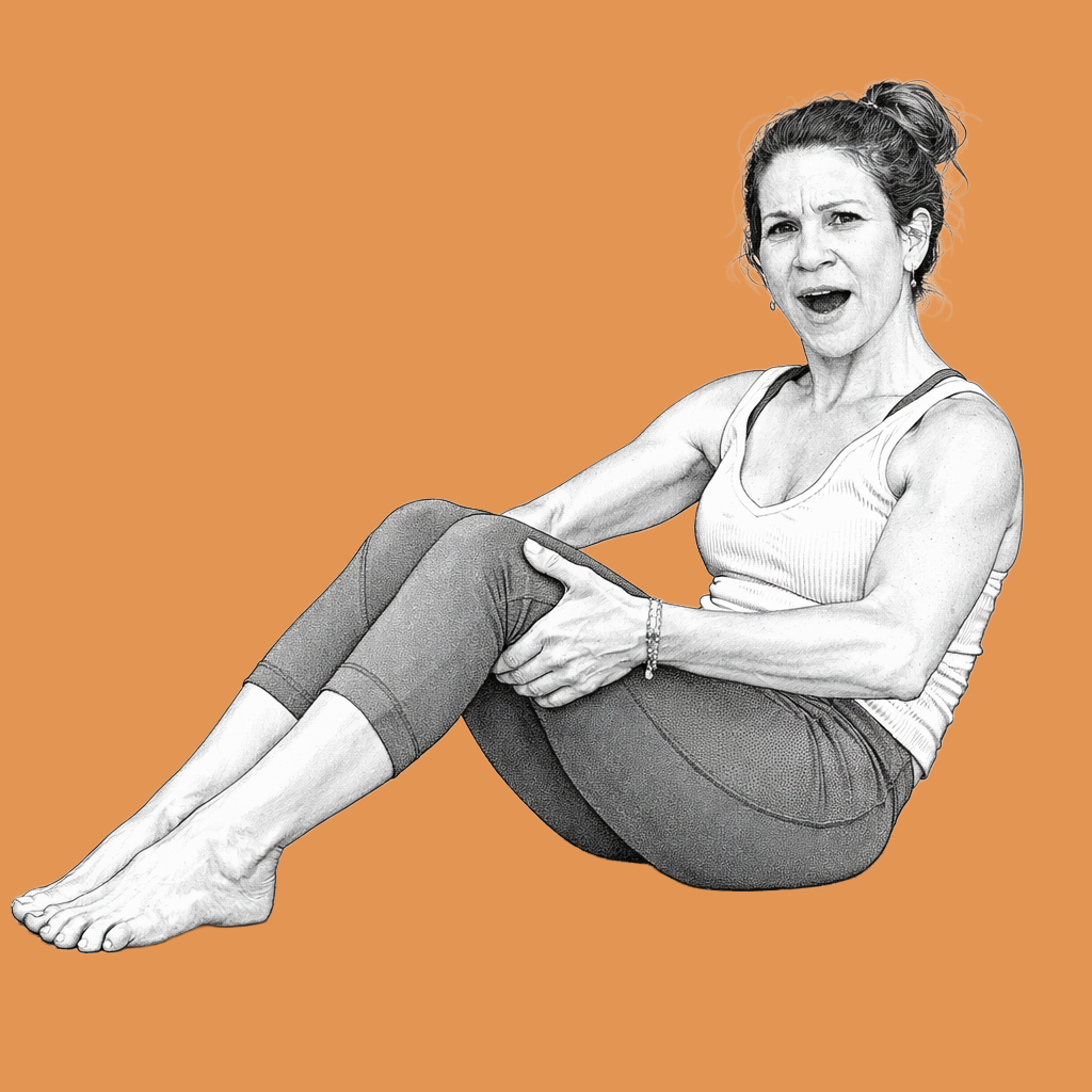 A woman with curly hair tied up in a bun, wearing a tank top and exercise pants, is sitting on the floor with her legs bent, holding her knees with a surprised or expressive facial expression, against an orange background.