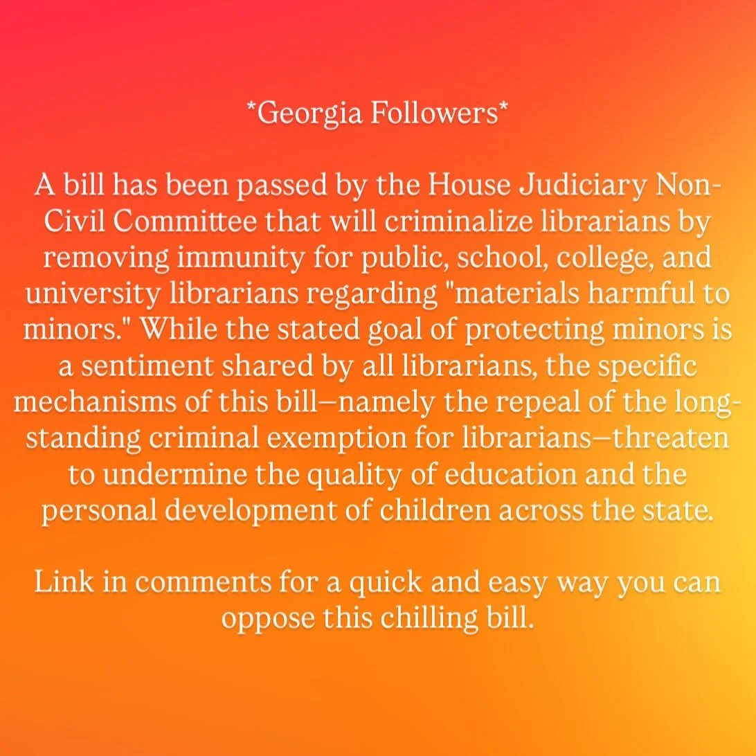 https://www.allianceforgeorgialibraries.org/oppose_sb74

#georgialibraries #freedomtoread #libraryrights #georgiapolitics #librarylove
