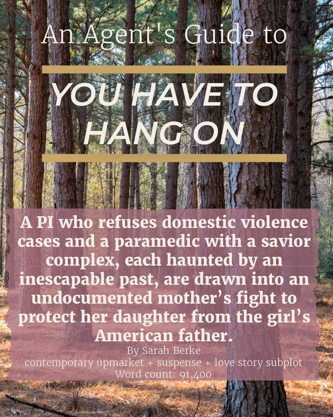 YOU HAVE TO HANG ON 
*currently querying*

Please consider liking and sharing to increase the odds this story will get seen by the right agent ❤️

An intimacy-averse private investigator, a compassionate paramedic, and an undocumented housekeeper who