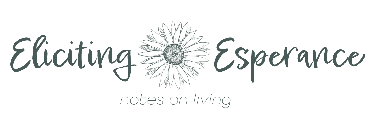 Logo for Eliciting Esperance with a daisy flower in the center and the tagline 'notes on living' underneath.
