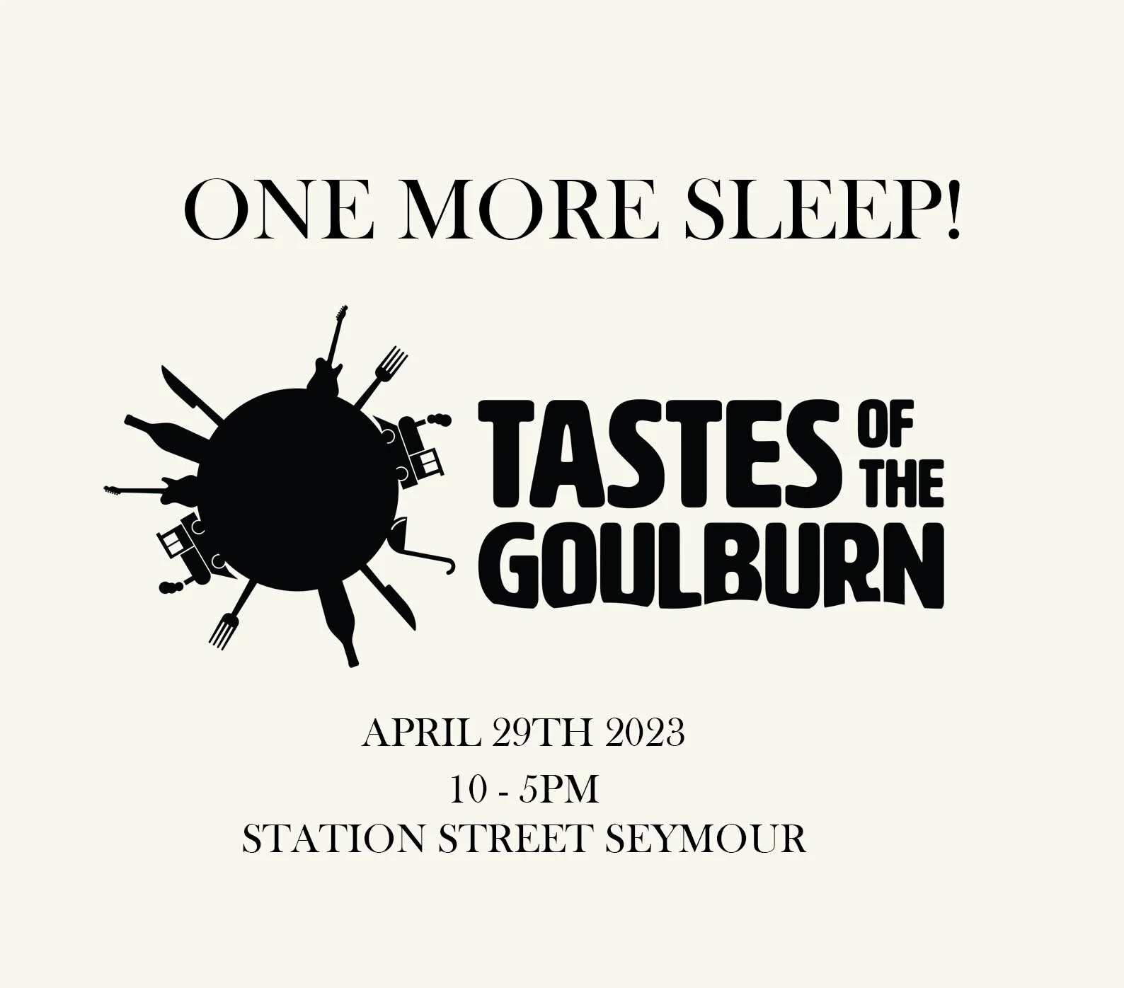 ONE MORE SLEEP! Get excited #Seymour!

Tastes of the Goulburn - Saturday 29th April 
10am till 5pm

🎟 Tickets are on sale now https://www.eventbrite.com.au/e/tastes-of-the-goulburn-tickets-332355382897

#tastesofthegoulburn #TOTG #exploreseymour #go