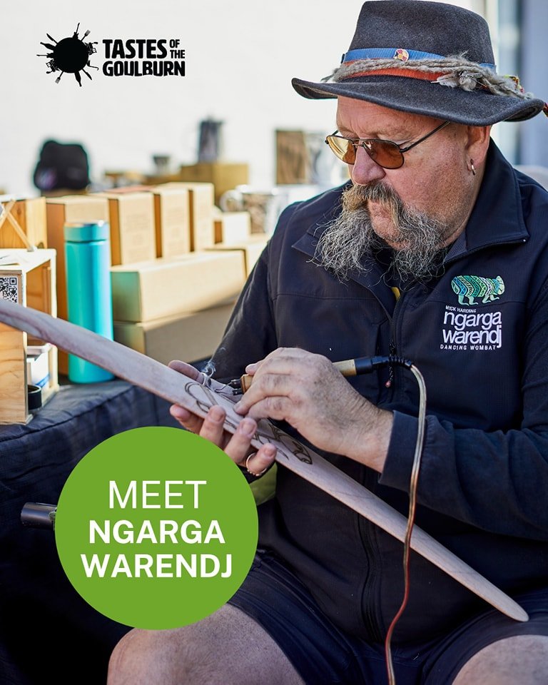 🎨🌿 Meet Mick and Nicole and explore the vibrant culture and artistry of Ngarga Warendj at Tastes of the Goulburn on Saturday, 27 April. 

Belonging to the Yowong-Illam-Baluk and Nattarak Baluk clans of the Taungurung people, Mick Harding crafts a w