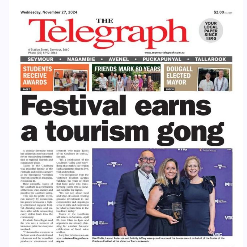 Thanks to our friends at the Seymour Telegraph for sharing in our excitement with last week's Bronze win at the Victorian Tourism Awards! We're still on a high over here. 🥉

Don't forget, early bird tickets are on sale now so be sure to head to our 