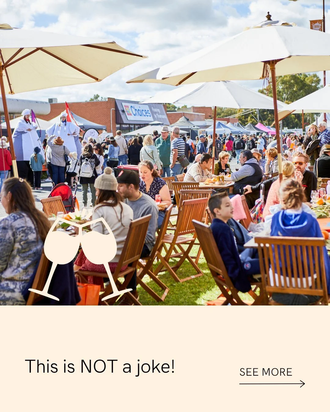 This is no joke!! We are 10 days out from Tastes of the Goulburn and we are ready!

💐 50+ vendors
🎸 Headlining entertainers
🤹&zwj;♀️ Kids activities abundant
🌞 Weather playing ball
🚂 Train, bus and car access available

The only joke will be the