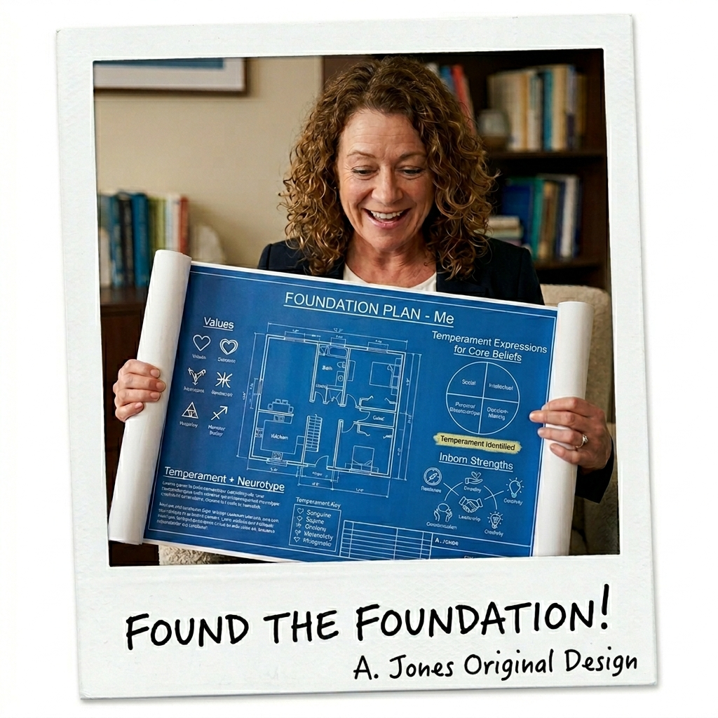 A woman smiling and holding a blueprint called 'Foundation Plan - Me' in a room with bookshelves in the background. The blueprint includes sections on values, temperament expressions, inborn strengths, and layout of a house.