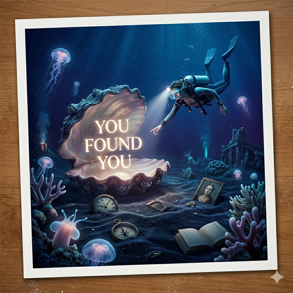 A digital illustration of a diver exploring an underwater scene with a large open clam shell. Inside the clam, the words 'YOU FOUND YOU' are illuminated. The scene includes jellyfish, coral, an old compass, a pocket watch, a framed photograph of a woman, an open book, and ruins of an ancient structure, all depicted in a glowing, surreal style.