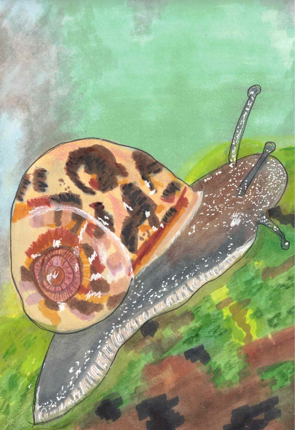 Black Glue and Watercolor Snail Art