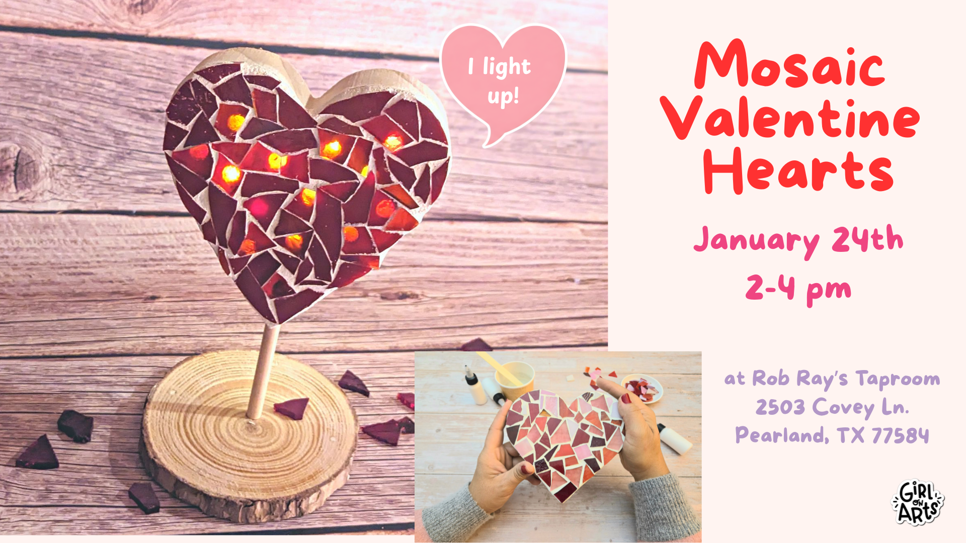 Mosaic Valentine Hearts at Rob Ray’s Taproom