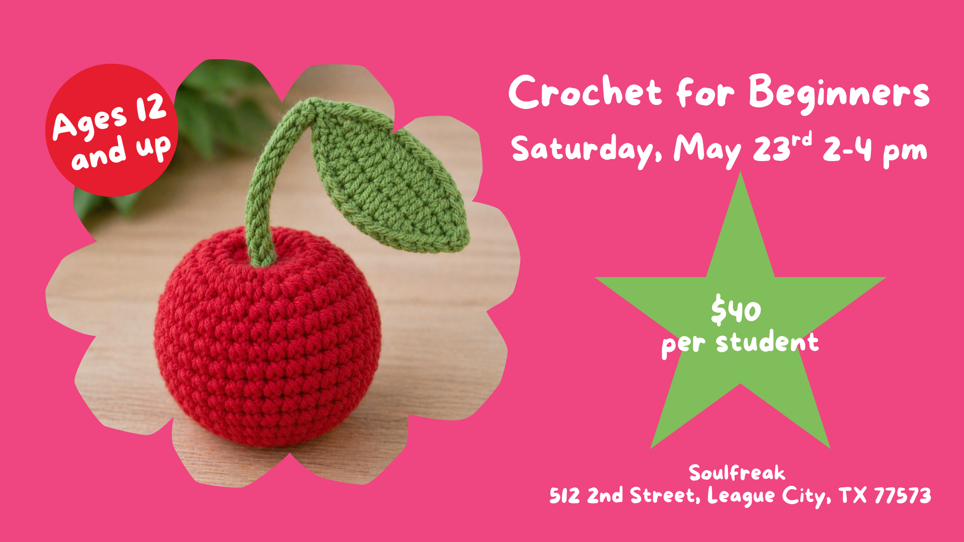 Beginner Crochet Cherry Workshop Soulfreak (League City)