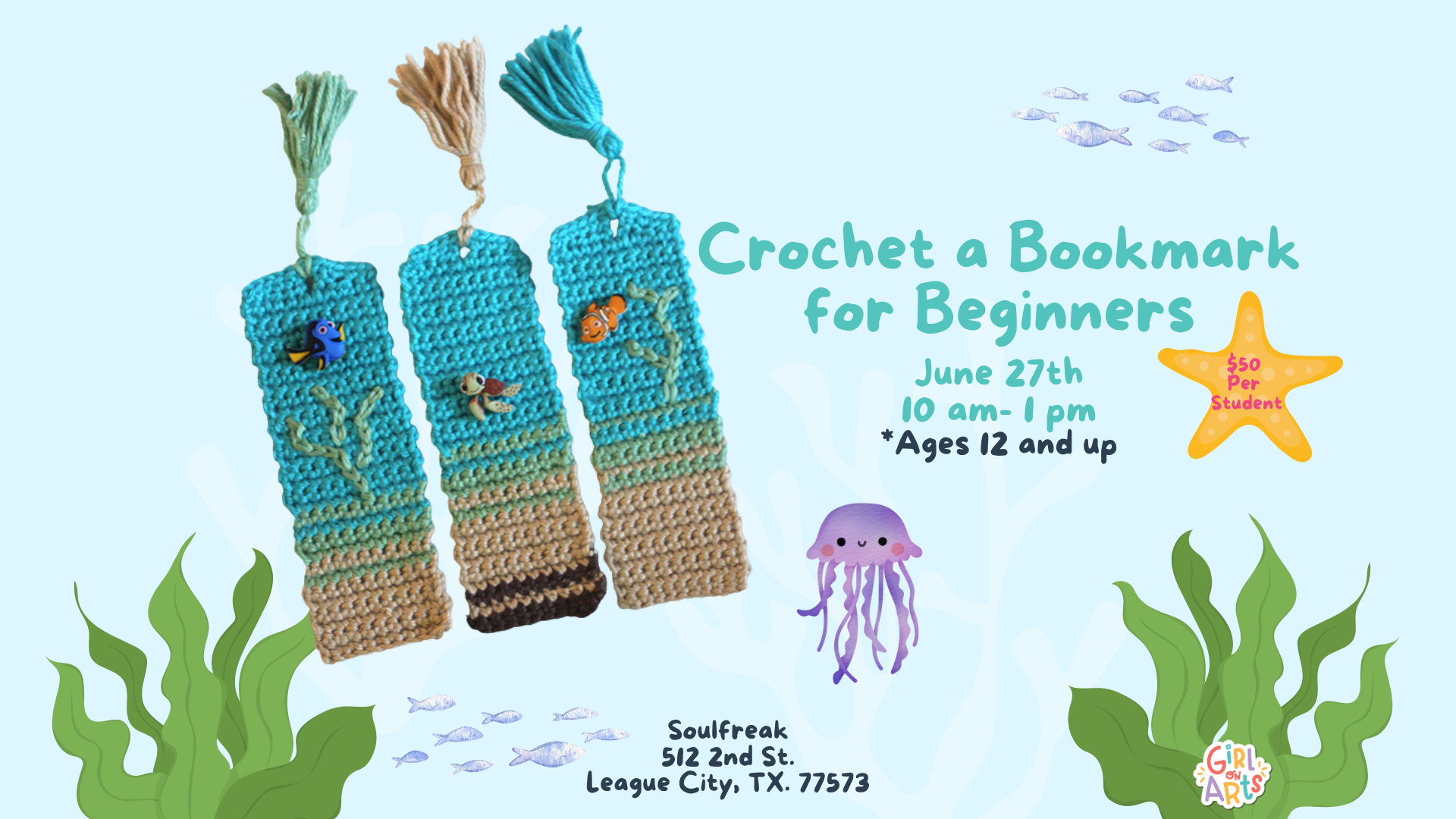 Summer Crochet Bookmark Workshop Soulfreak (League City)🌊🧶☀️