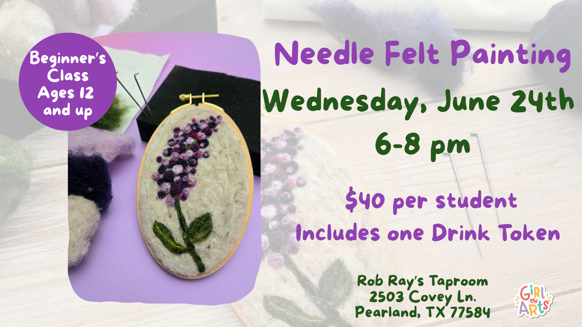 Needle Felted Lilac Workshop at Rob Ray's Taproom (Pearland) 🌸🪡