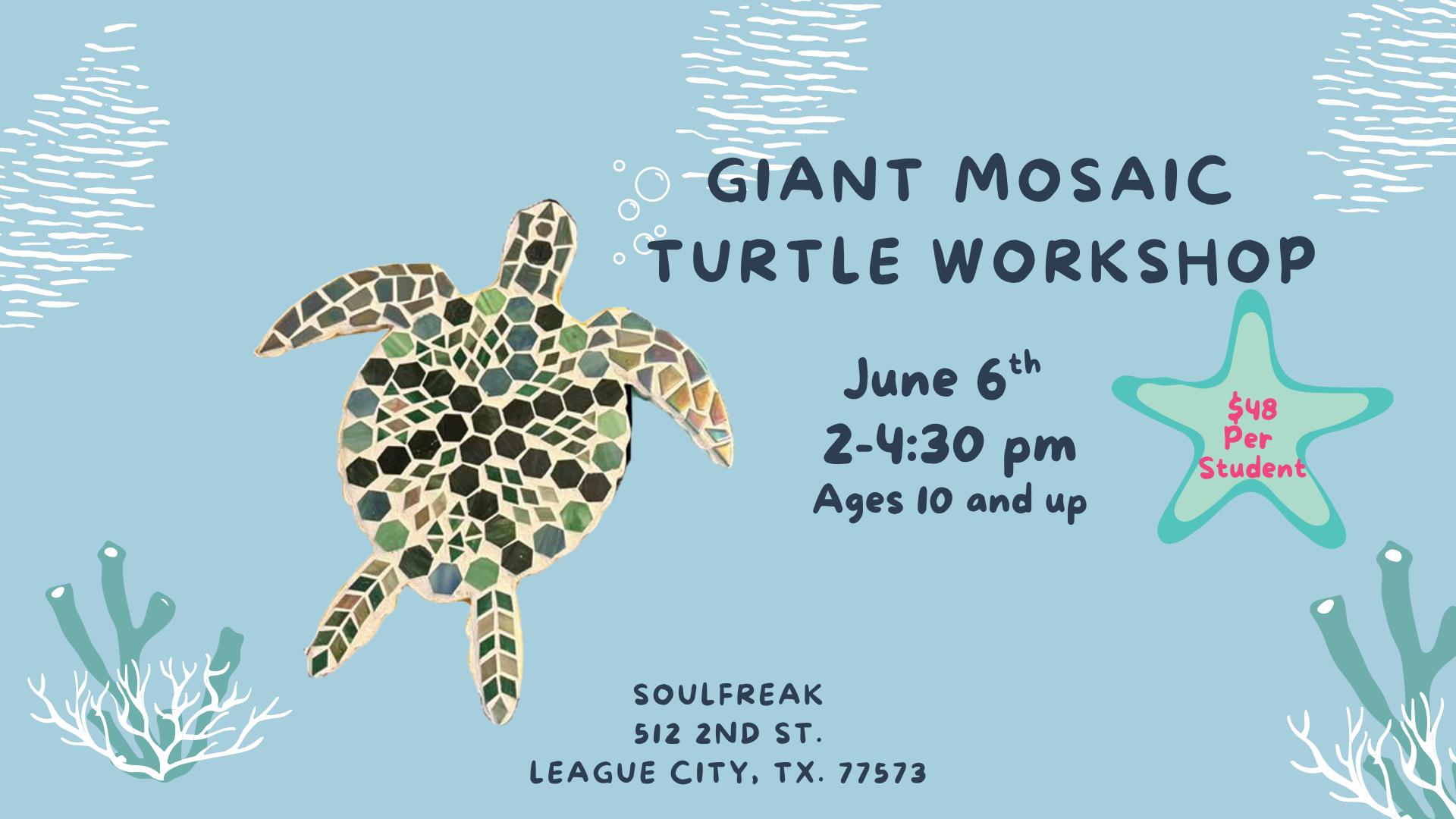 Giant Mosaic Turtle Workshop at Soulfreak (League City)🐢✨ (Copy)