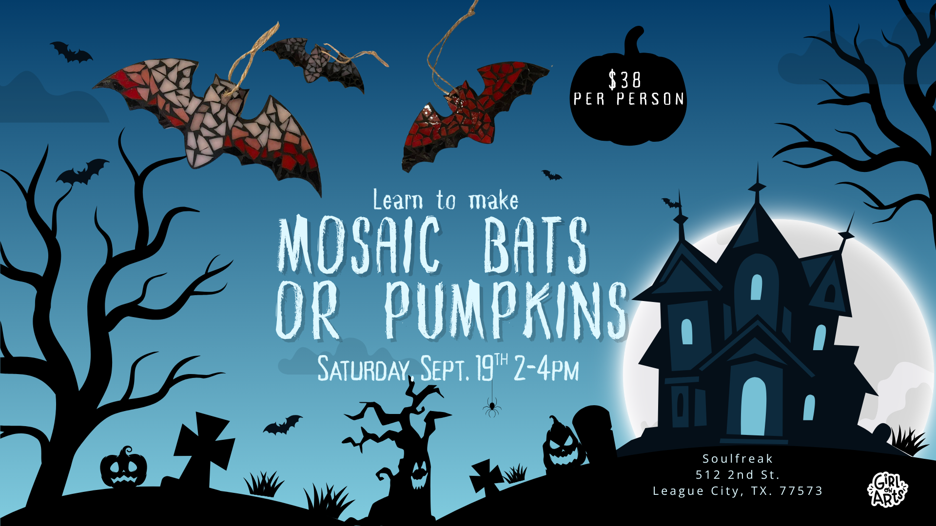 🎃🦇 Mosaic Bats & Pumpkins Workshop at Soulfreak in League City